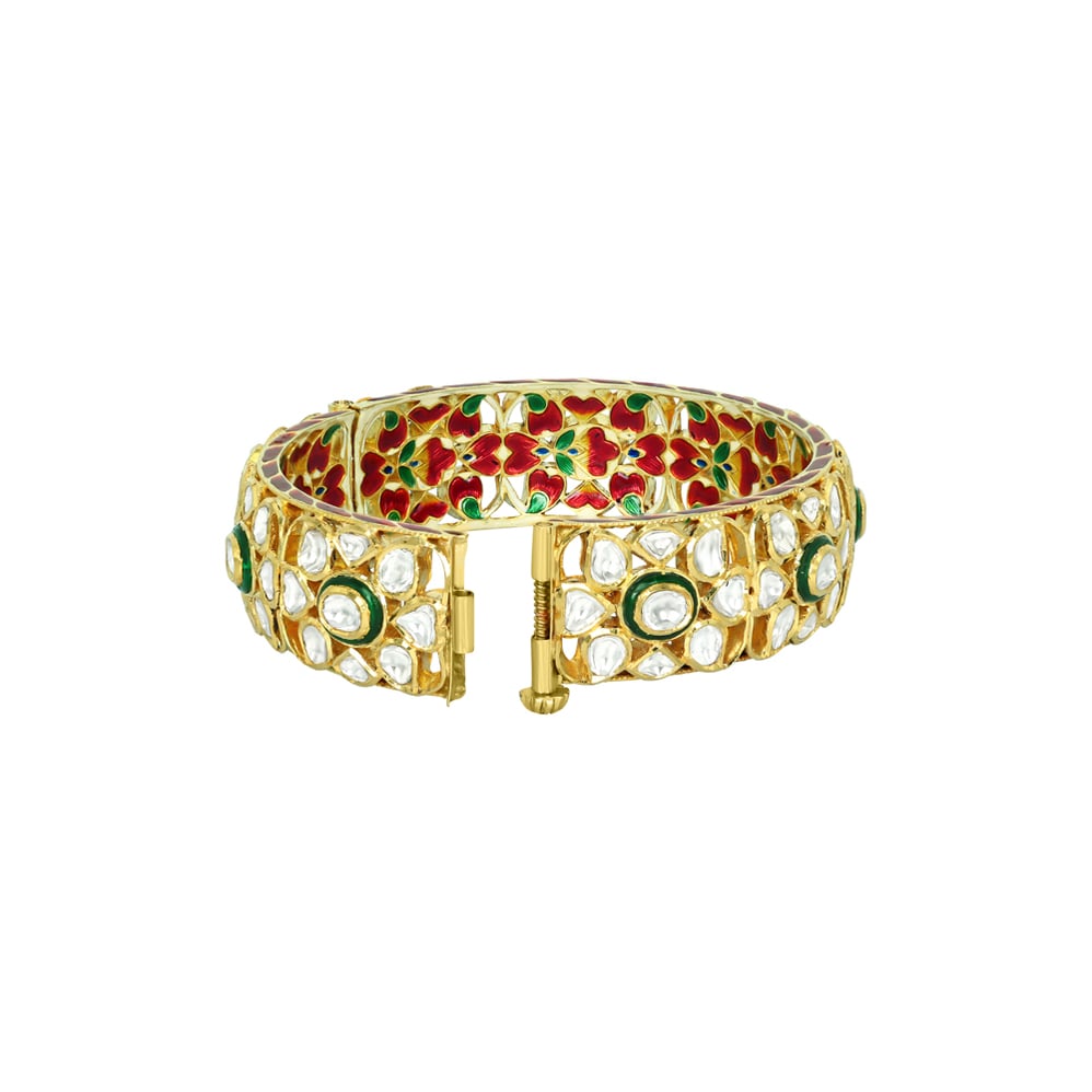 Half-Openable Bangle with Polki and Green Enamel